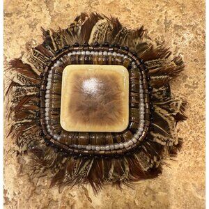 Vintage Feather & Beaded Brooch With Faux Stone Center